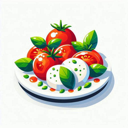 Tomatoes, mozzarella and basil on a plate. Vector illustration.のイラスト素材