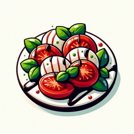 Caprese salad with tomato, mozzarella and basil. Vector illustrationのイラスト素材