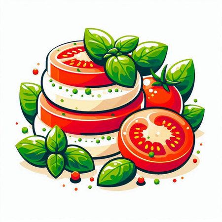 Tomato slices and basil leaves on white background. Vector illustration.のイラスト素材