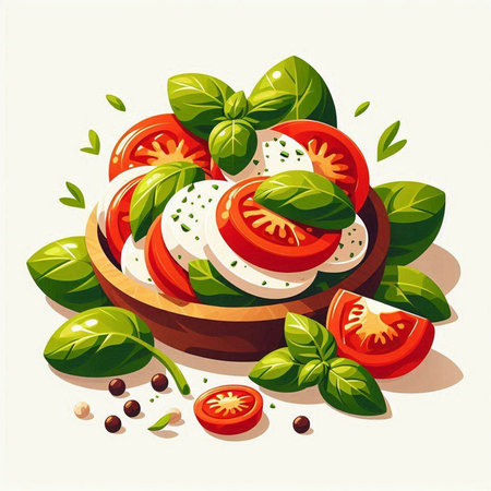 Tomato and mozzarella salad in wooden bowl with fresh basil leaves.のイラスト素材