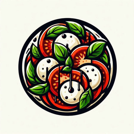 Caprese salad with mozzarella, tomato and basil in a round plate.のイラスト素材