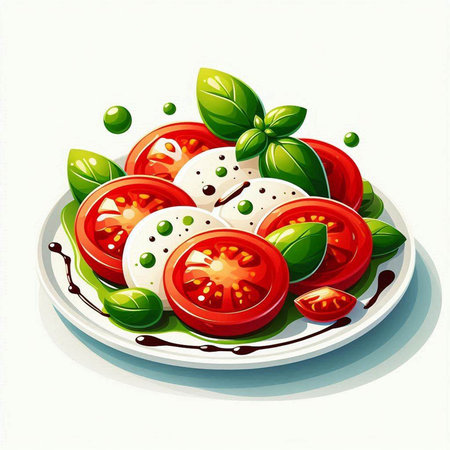 Illustration of tomato salad with mozzarella cheese and basil leavesのイラスト素材