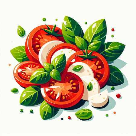 Vector illustration of fresh tomato salad with mozzarella cheese and basil leavesのイラスト素材
