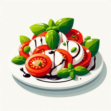 Tomato and mozzarella salad with basil leaves. Vector illustration.のイラスト素材