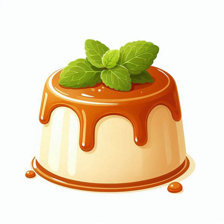 Illustration of a caramel pudding with mint leaves on a white backgroundのイラスト素材