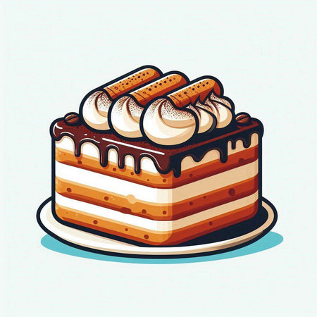 Illustration of a cake with cream and wafer rolls on a white backgroundのイラスト素材