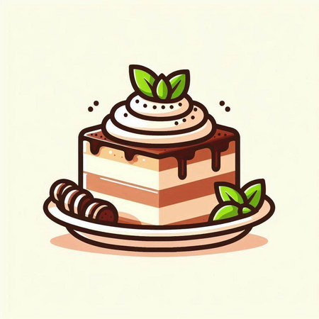 Piece of cake with cream and mint leaves. Vector illustration.のイラスト素材
