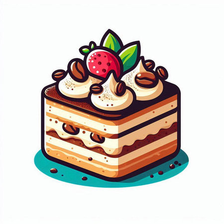 Vector illustration of a piece of cake with cream and berries on a white backgroundのイラスト素材