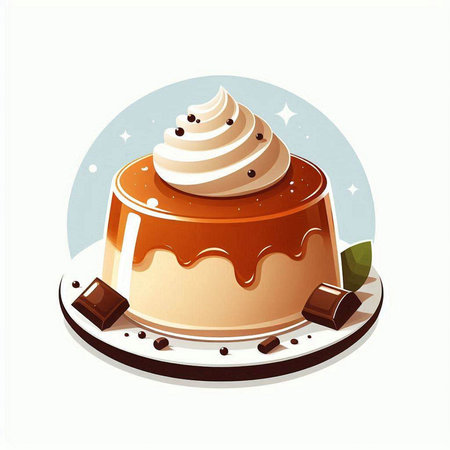 Vector illustration of a chocolate pudding with whipped cream and chocolate pieces.のイラスト素材