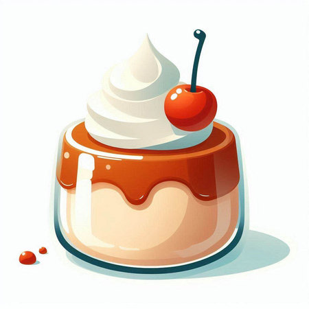 Chocolate pudding with whipped cream and cherries. Vector illustration.のイラスト素材
