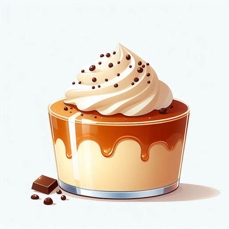 Illustration of a cupcake with whipped cream and chocolate on a white backgroundのイラスト素材