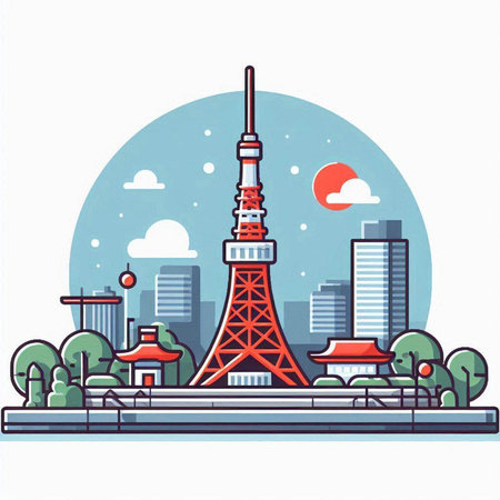 Tokyo tower, Japan. Vector illustration in flat style on white background.のイラスト素材