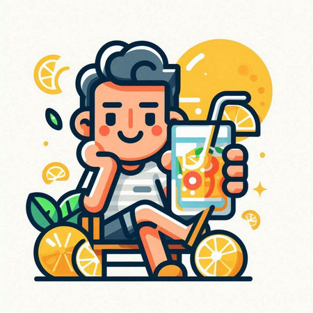 Cute man with a glass of lemonade. Vector illustration.のイラスト素材