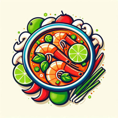 Tom Yum soup with shrimp and vegetables in bowl, vector illustrationのイラスト素材