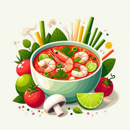 Tom yum soup with shrimps and vegetables, vector illustrationのイラスト素材