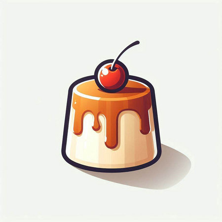 Creamy caramel cake with cherry on top. Vector illustration.のイラスト素材