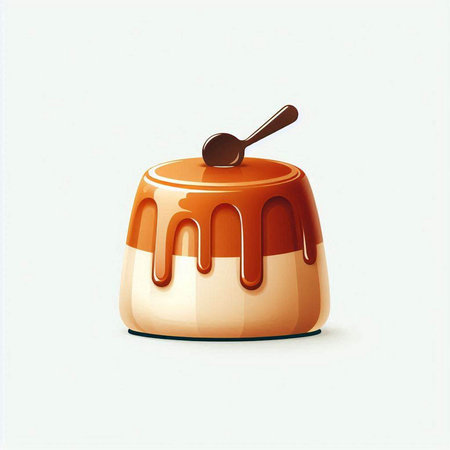 Illustration of a sweet pudding with a spoon on a white backgroundのイラスト素材