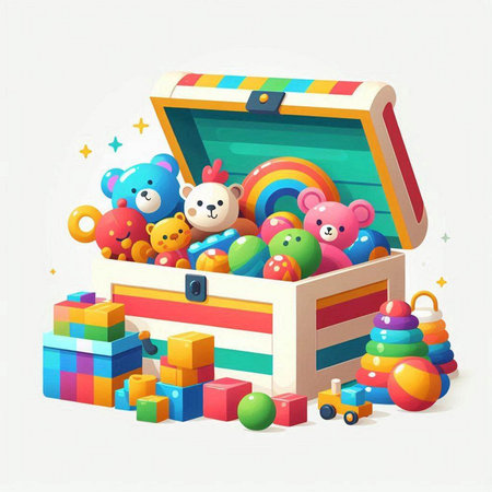Illustration of a treasure chest full of toys. Vector illustration.のイラスト素材