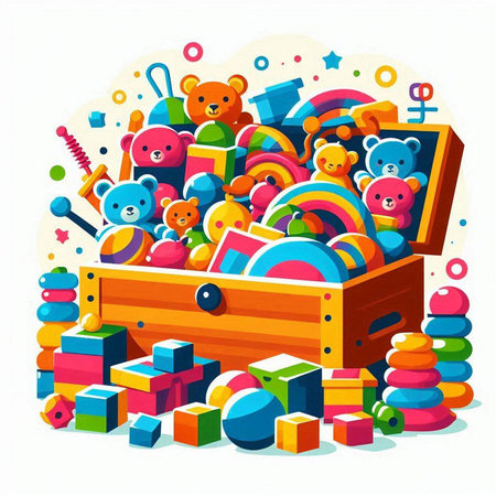 Colorful vector illustration of childrens toys in a wooden box.のイラスト素材