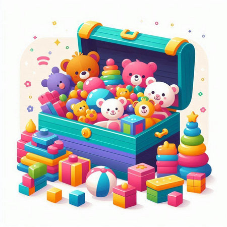 Colorful vector illustration of a box full of toys. Cartoon style.のイラスト素材