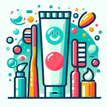 Vector illustration of toothpaste, toothbrushes and dental floss in flat line style.のイラスト素材