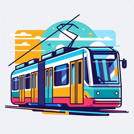 Tram in the city. Vector illustration in thin line style.のイラスト素材