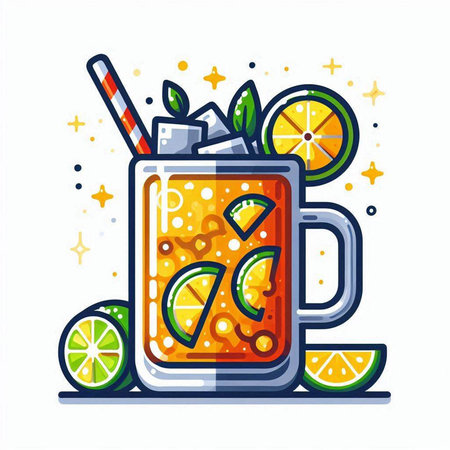 Cocktail with orange, lime and mint. Vector illustration.のイラスト素材