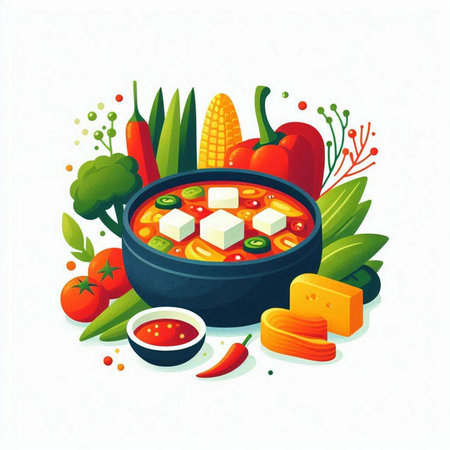 Vegetable soup with tofu and other ingredients. Vector illustration.のイラスト素材