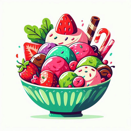 Colorful ice cream in a bowl isolated on white background. Vector illustration.のイラスト素材