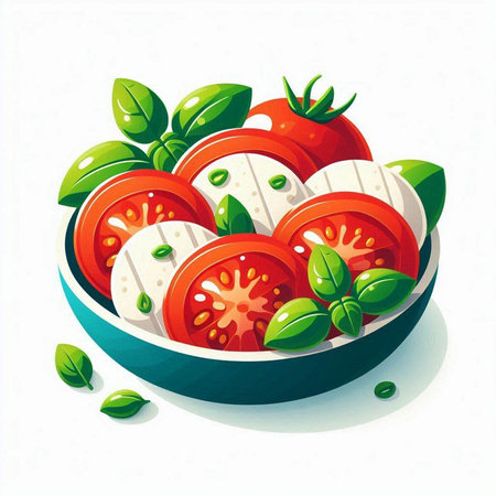 Tomatoes, mozzarella and basil in a bowl. Vector illustration.のイラスト素材