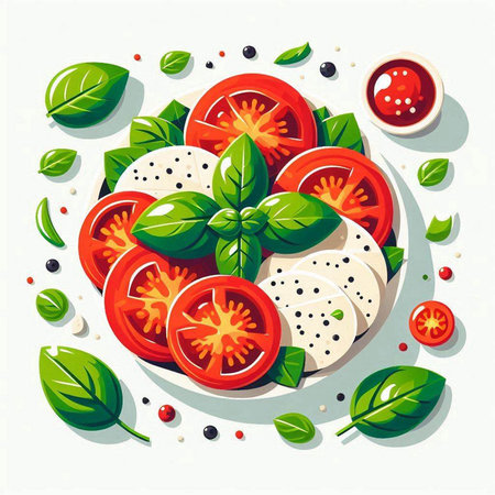 Tomatoes, mozzarella cheese and basil leaves. Vector illustrationのイラスト素材