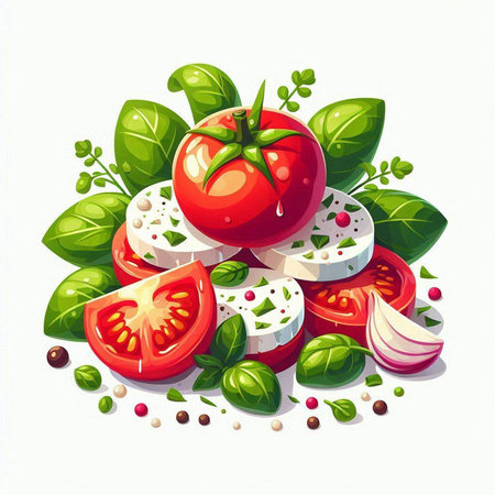 Vector illustration of fresh tomatoes, mozzarella and basil leaves.のイラスト素材