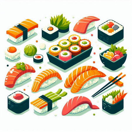 Isometric sushi icons set with japanese food isolated vector illustrationのイラスト素材