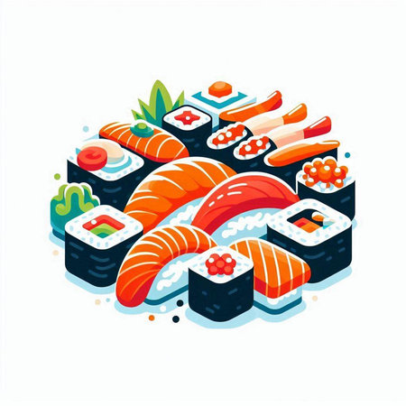 Sushi roll with salmon, tuna, caviar, cucumber, cream cheese, wasabi and ginger on white background. Isometric vector illustration.のイラスト素材