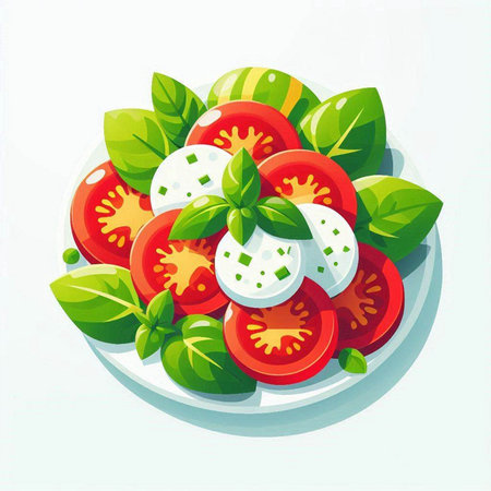 Illustration of fresh tomato salad with mozzarella and basil leavesのイラスト素材