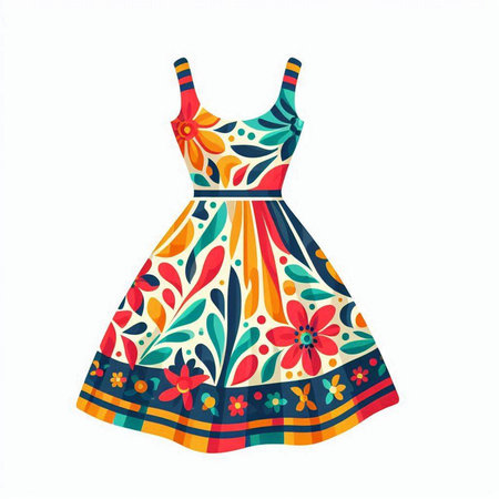 Colorful summer dress with floral pattern on white background, vector illustrationのイラスト素材
