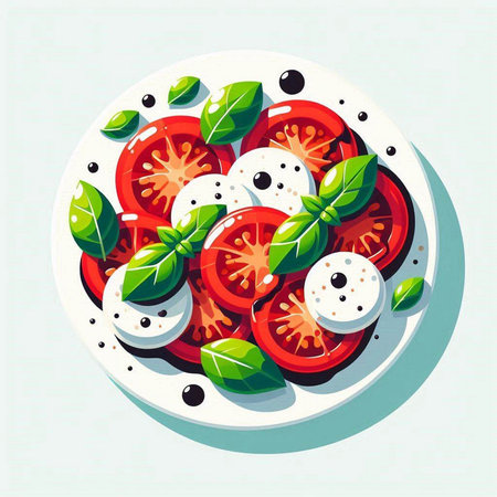 Fresh tomato salad with mozzarella and basil. Vector illustration.のイラスト素材