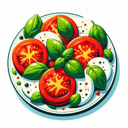 Tomato salad with mozzarella cheese and basil. Vector illustration.のイラスト素材