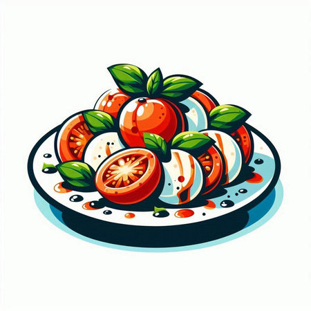 Tomato salad with mozzarella and basil. Vector illustration.のイラスト素材