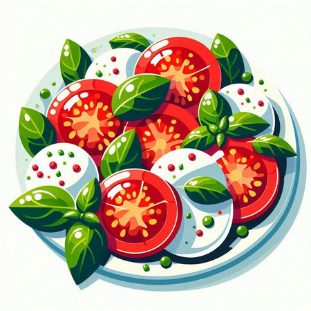 Tomato salad with basil and mozzarella. Vector illustration.のイラスト素材