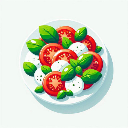 Fresh tomato salad with mozzarella and basil leaves. Vector illustration.のイラスト素材