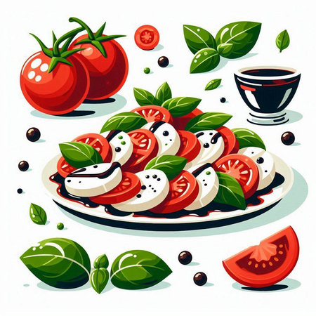 Caprese salad with tomatoes, mozzarella cheese and basil leavesのイラスト素材