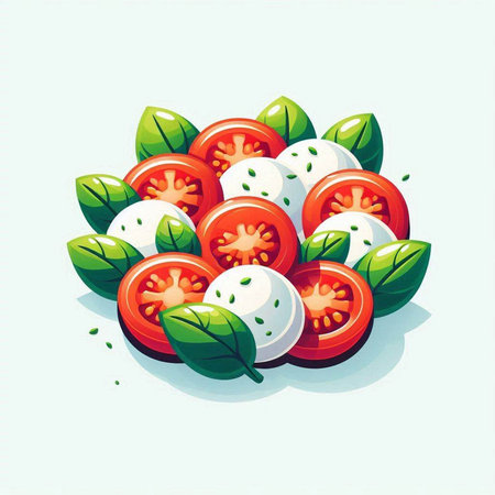 Tomato, mozzarella and basil leaves. Vector illustration.のイラスト素材