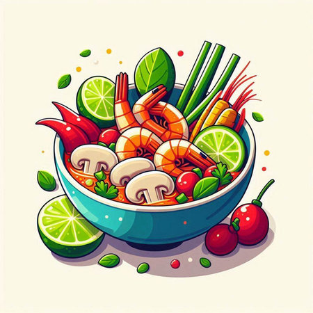 Vector illustration of a bowl of spicy seafood salad with shrimps, prawns, vegetables and herbs.のイラスト素材