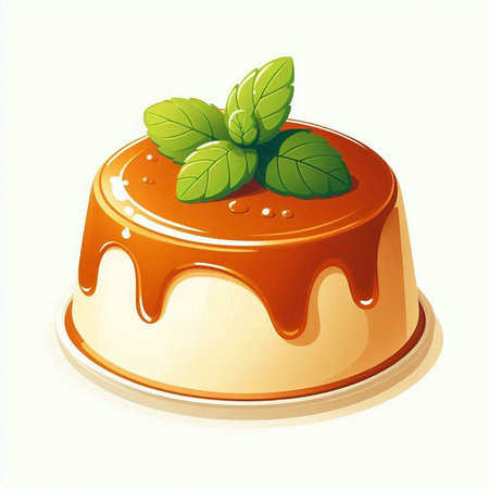Illustration of a caramel pudding with mint leaves on a white backgroundのイラスト素材