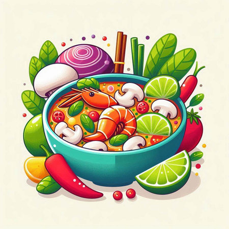 Illustration of a bowl of spicy soup with prawns and vegetablesのイラスト素材