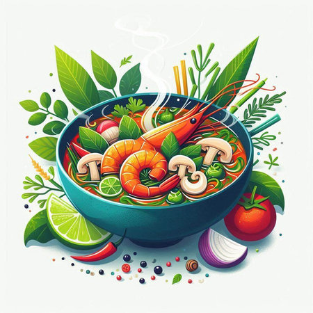 Shrimp soup with vegetables and herbs in a bowl. Vector illustration.のイラスト素材