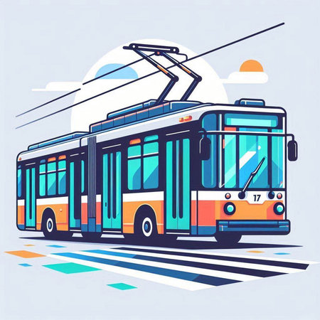 Modern tram in the city. Vector illustration in flat design style.のイラスト素材