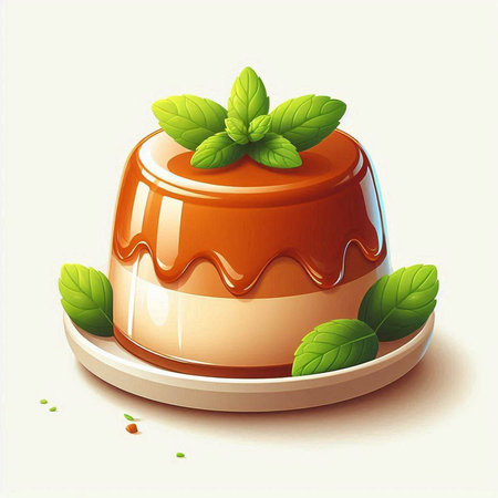 Panna cotta with caramel glaze and mint leaves. Vector illustration.のイラスト素材
