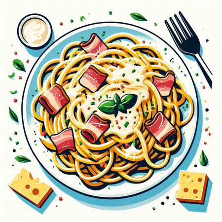 Spaghetti with bacon, cheese and basil on a plate. Vector illustrationのイラスト素材